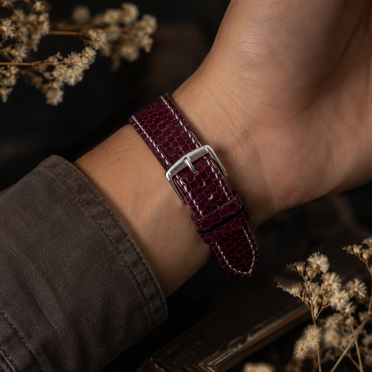 Padded Burgundy Oxblood Sea Snake Leather Watch Strap