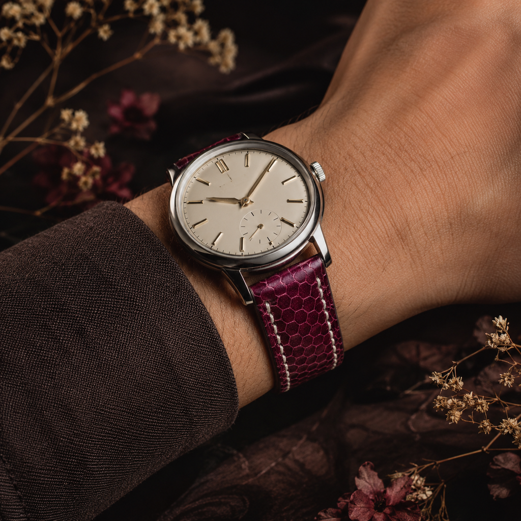 Padded Burgundy Oxblood Sea Snake Leather Watch Strap