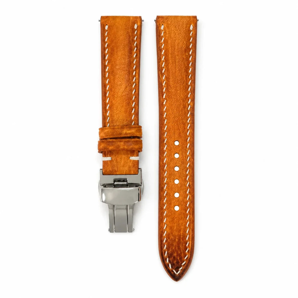 Padded Cognac Orange Patina Italian Leather Watch Strap