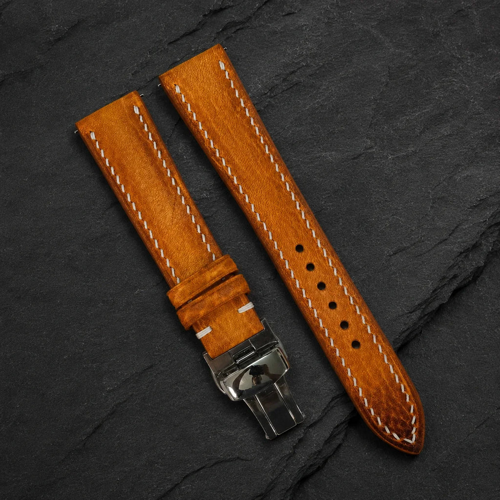 Padded Cognac Orange Patina Italian Leather Watch Strap
