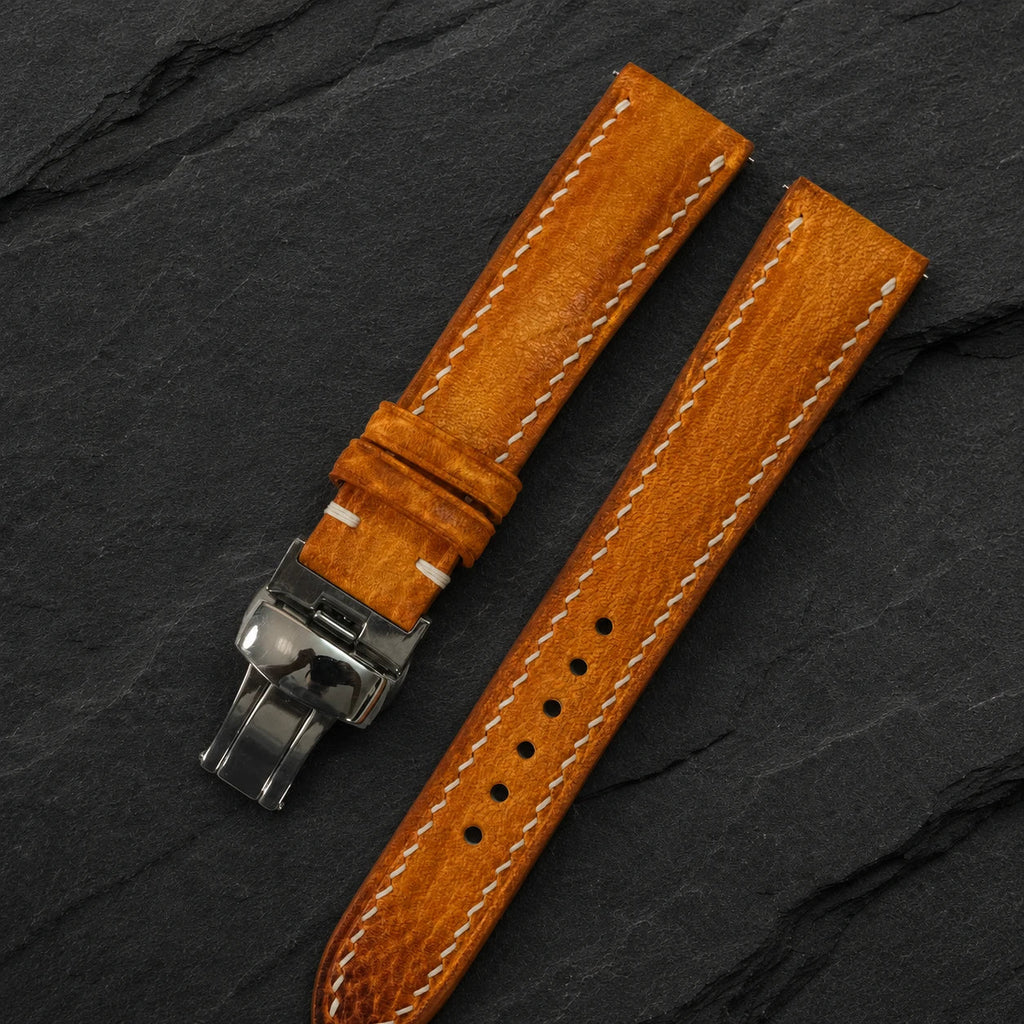 Padded Cognac Orange Patina Italian Leather Watch Strap