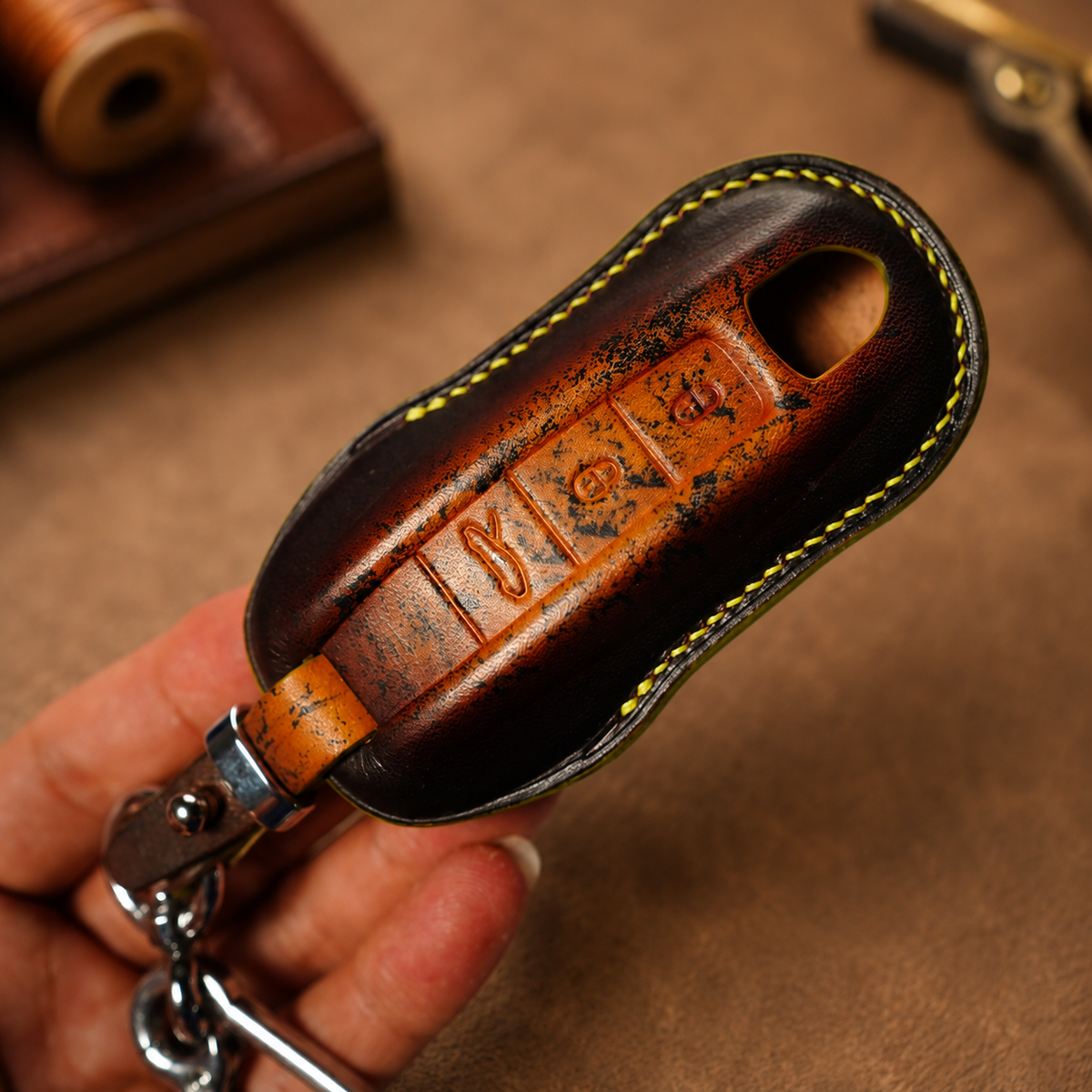 Custom Leather Key Fob Cover Compatible with Porsche Cayenne, Panamera and Macan
