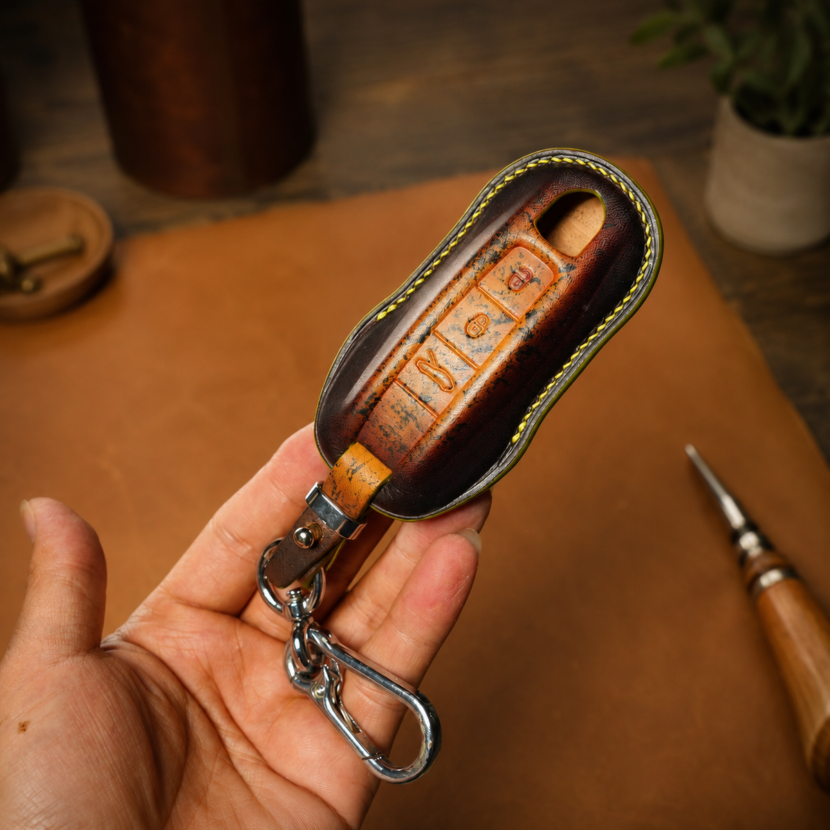 Custom Leather Key Fob Cover Compatible with Porsche Cayenne, Panamera and Macan