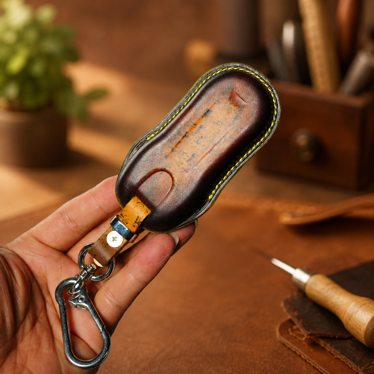 Custom Leather Key Fob Cover Compatible with Porsche Cayenne, Panamera and Macan