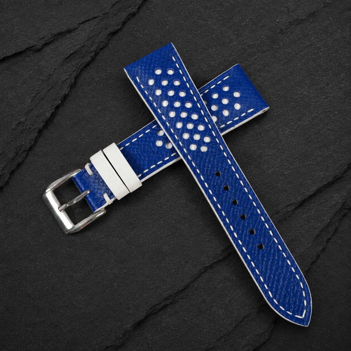Racing Rally Blue and White White Keeper Epsom Leather Watch Strap