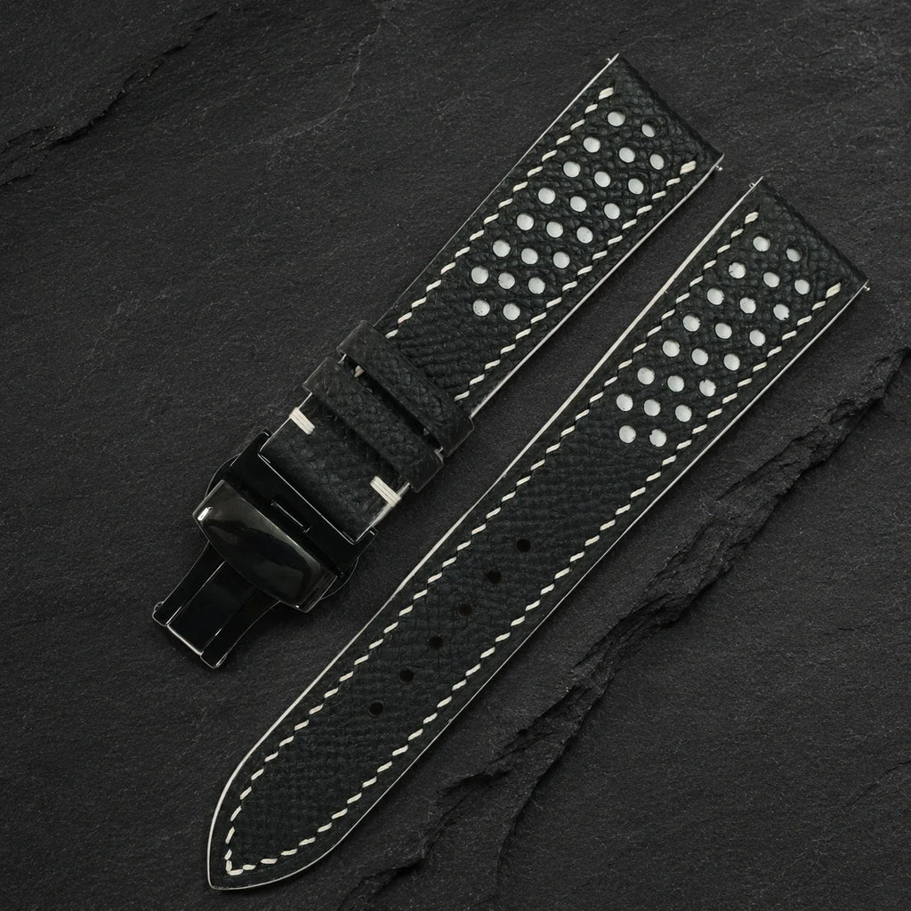 Racing Small Holes Black and White Epsom Leather Watch Strap