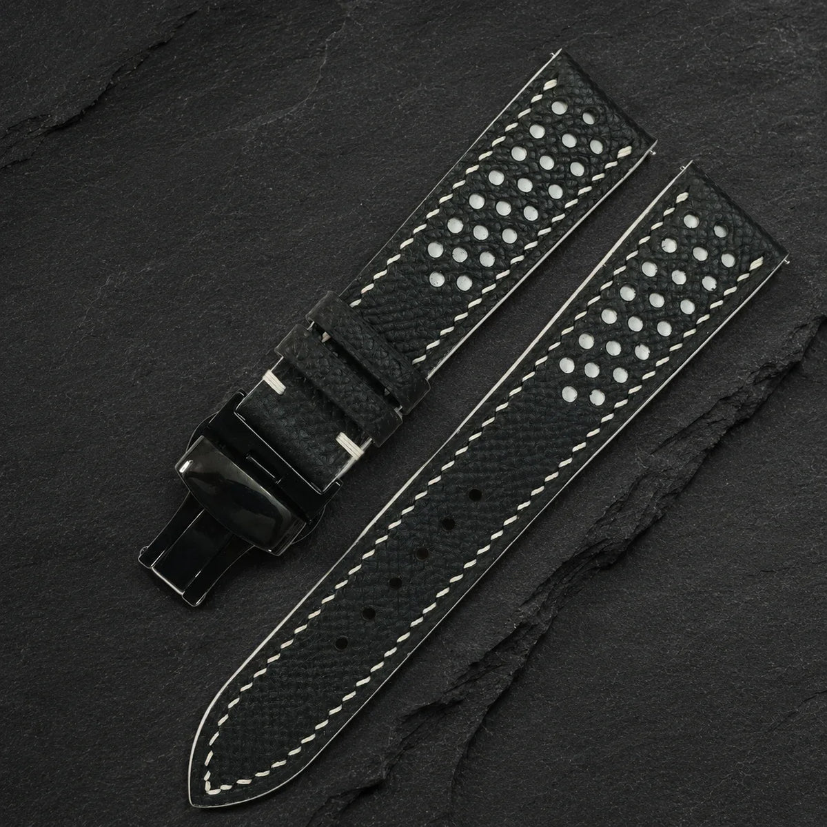 Racing Small Holes Black and White Epsom Leather Watch Strap
