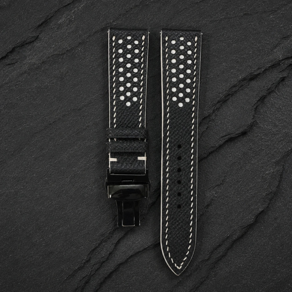 Racing Small Holes Black and White Epsom Leather Watch Strap
