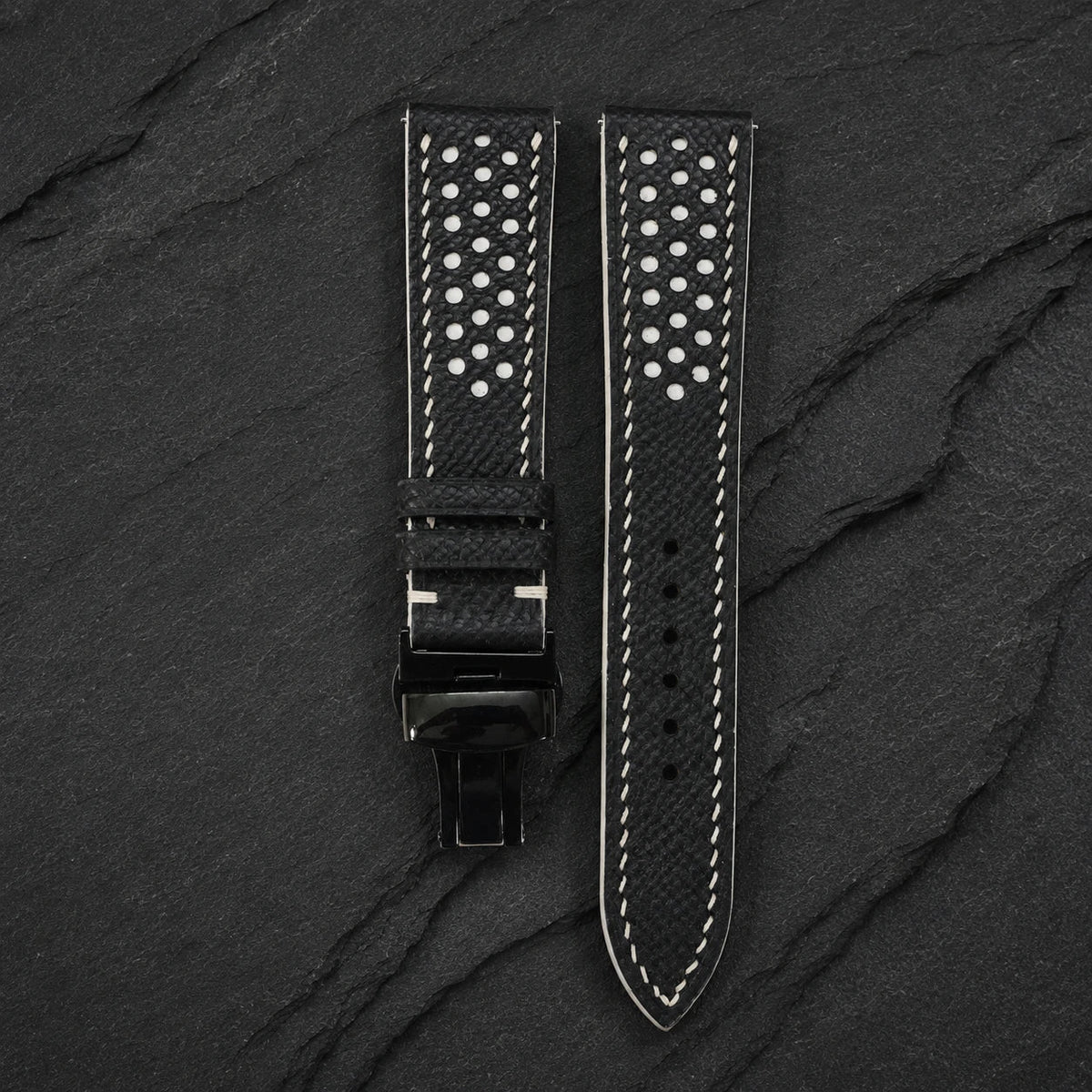 Racing Small Holes Black and White Epsom Leather Watch Strap