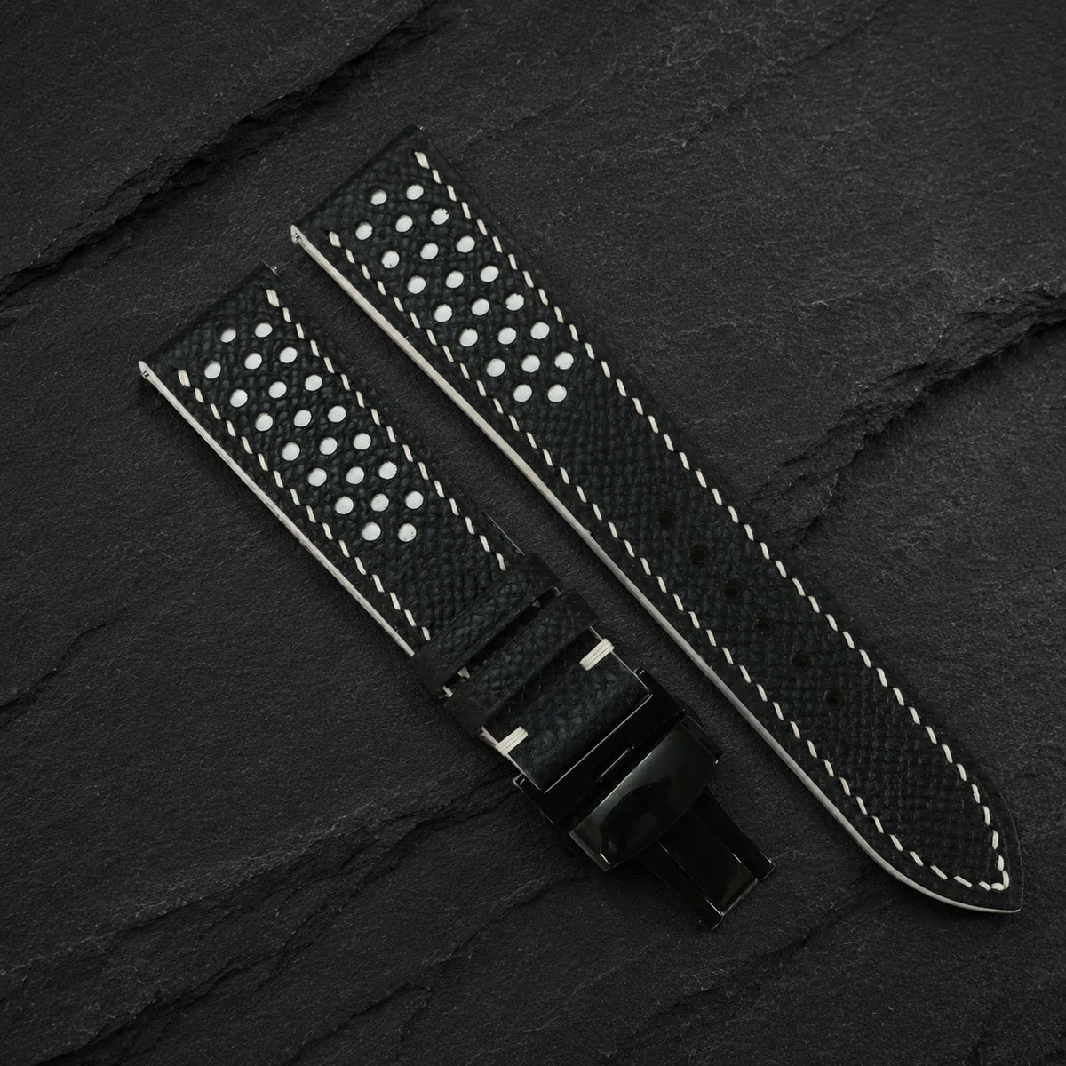 Racing Small Holes Black and White Epsom Leather Watch Strap