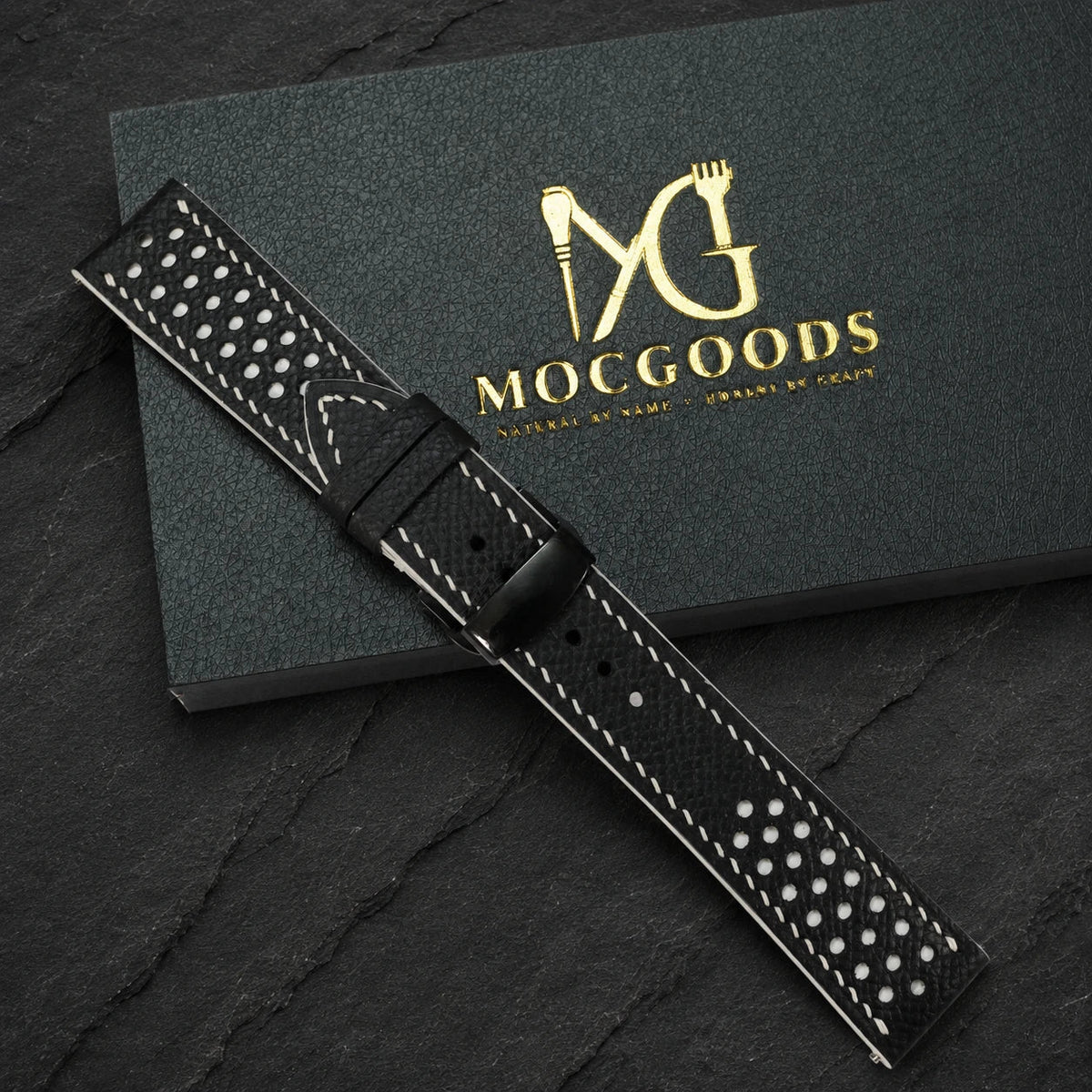 Racing Small Holes Black and White Epsom Leather Watch Strap