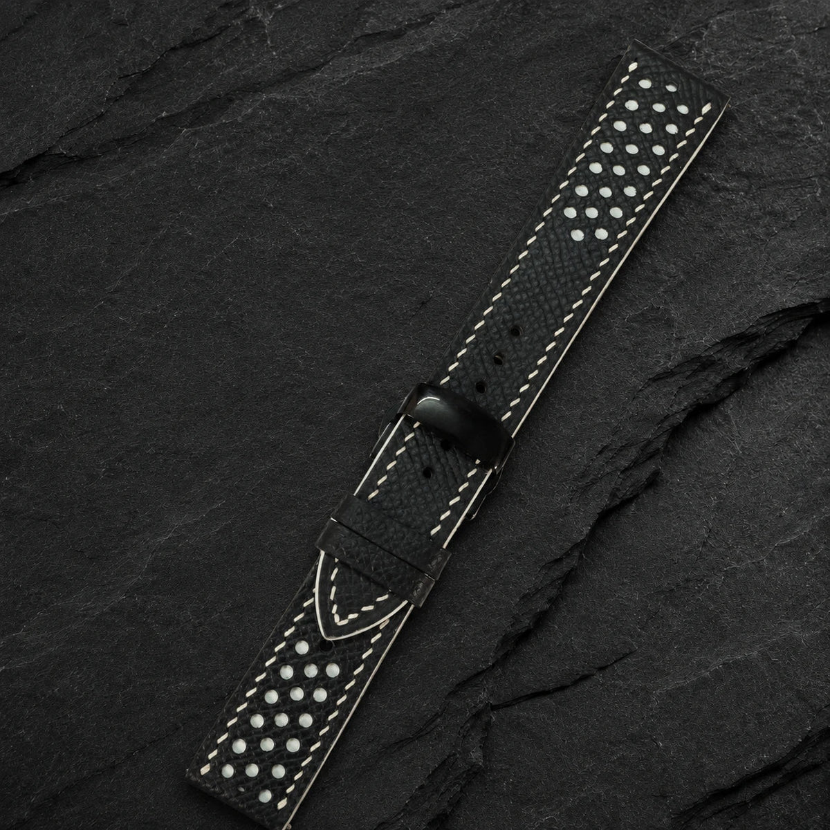 Racing Small Holes Black and White Epsom Leather Watch Strap