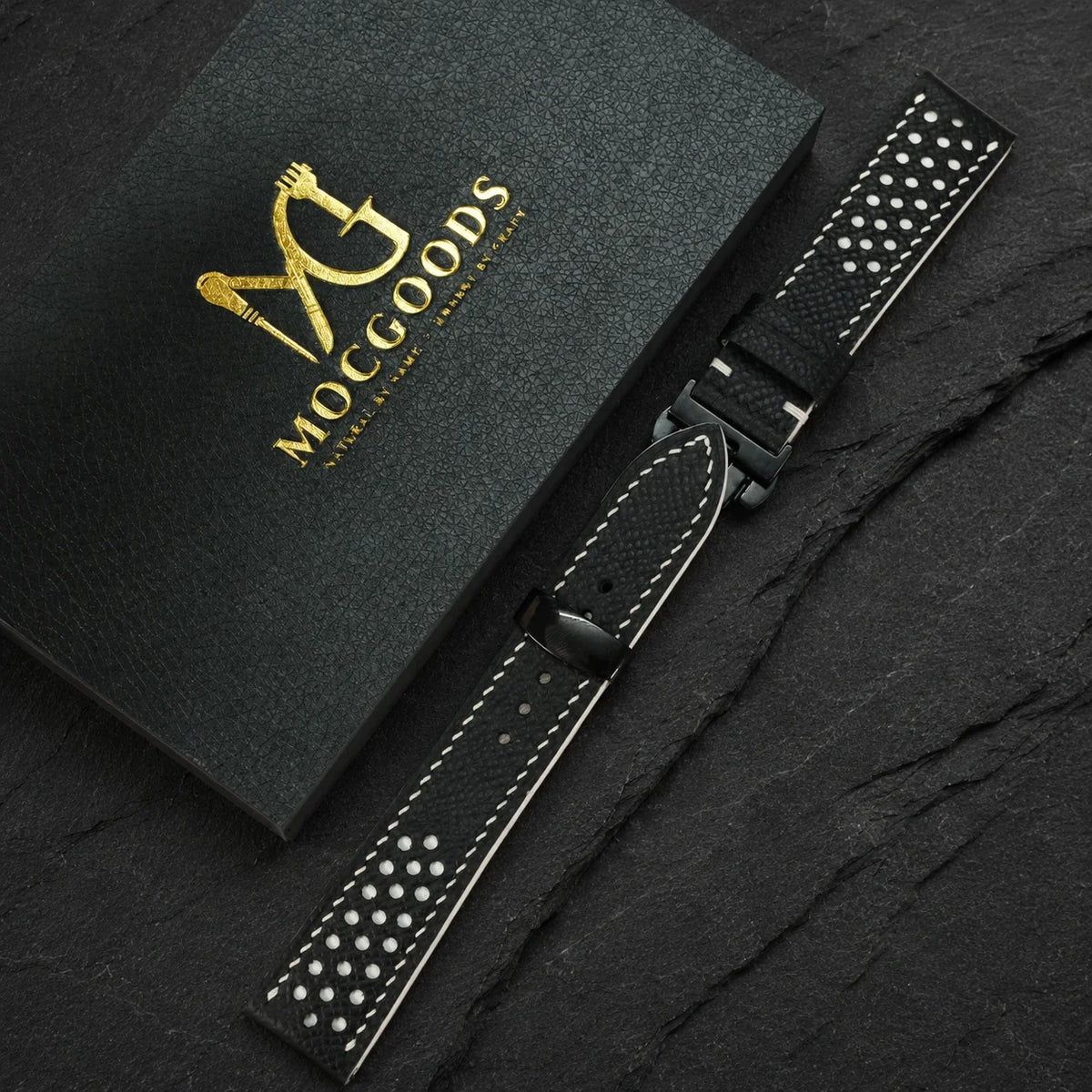 Racing Small Holes Black and White Epsom Leather Watch Strap