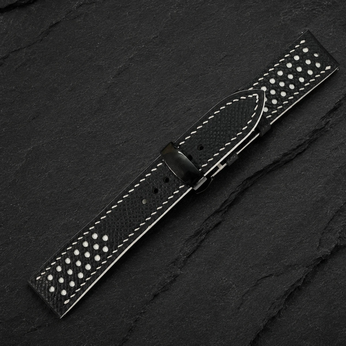 Racing Small Holes Black and White Epsom Leather Watch Strap