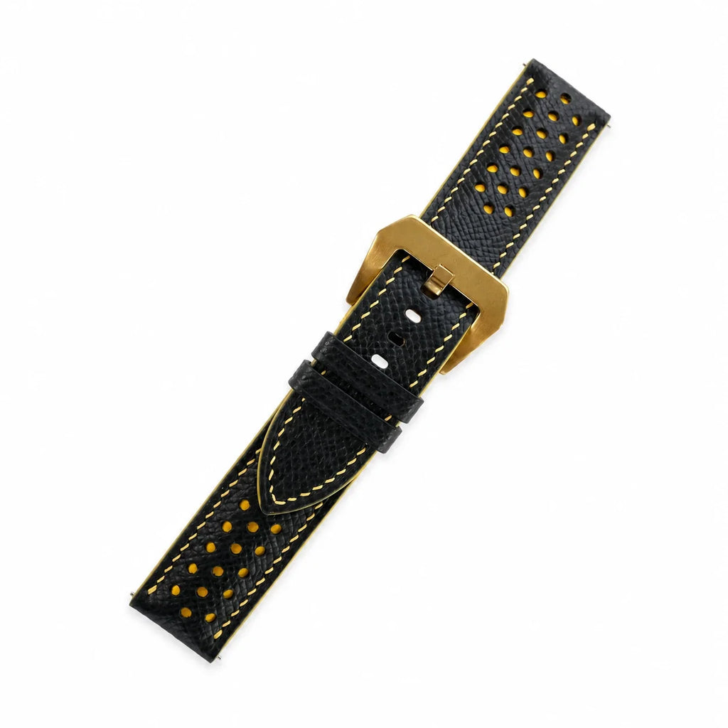 Racing Small Holes Black and Yellow Epsom Leather Watch Strap