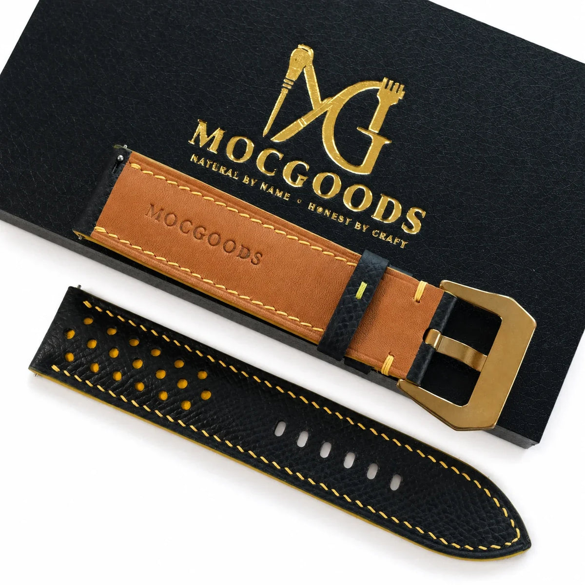 Racing Small Holes Black and Yellow Epsom Leather Watch Strap