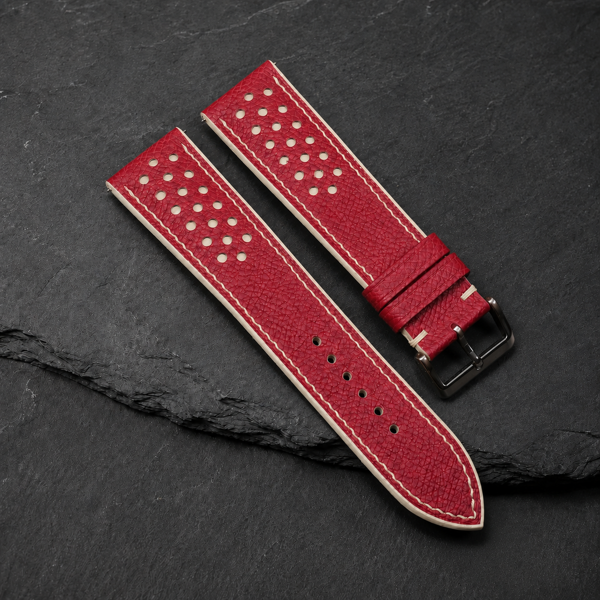 Red and Cream Racing Small Holes Rally Epsom Leather Watch Strap