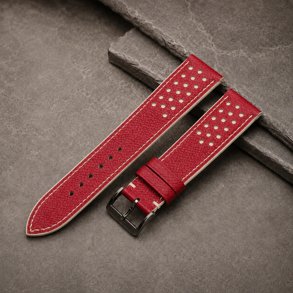 Red and Cream Racing Small Holes Rally Epsom Leather Watch Strap