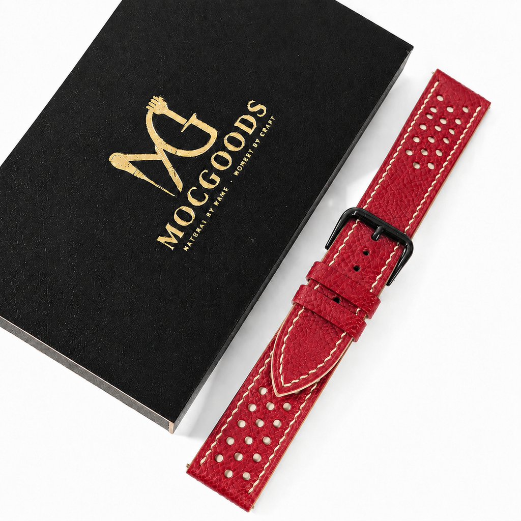 Red and Cream Racing Small Holes Rally Epsom Leather Watch Strap