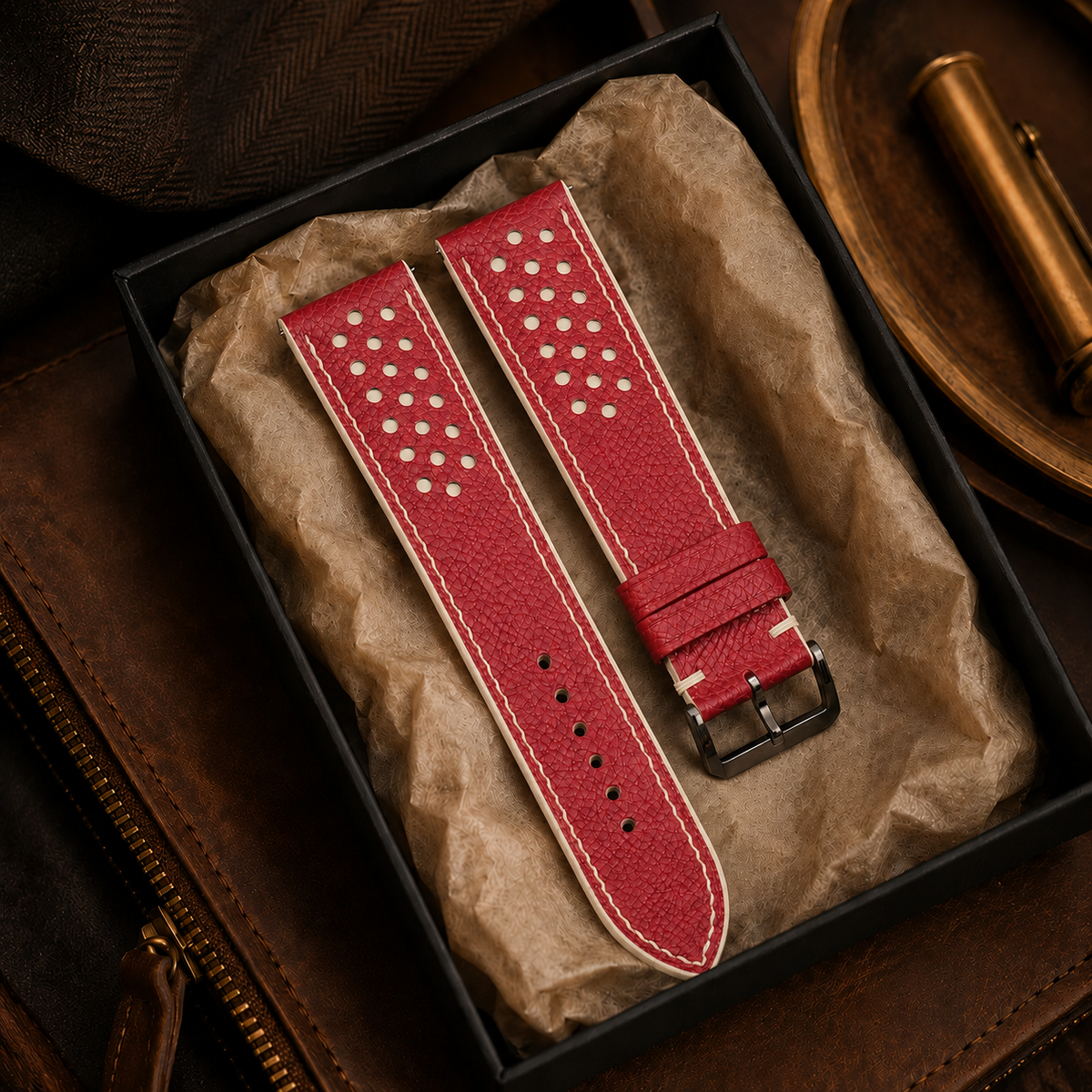 Red and Cream Racing Small Holes Rally Epsom Leather Watch Strap