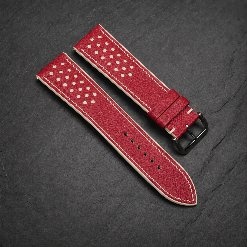Red and Cream Racing Small Holes Rally Epsom Leather Watch Strap