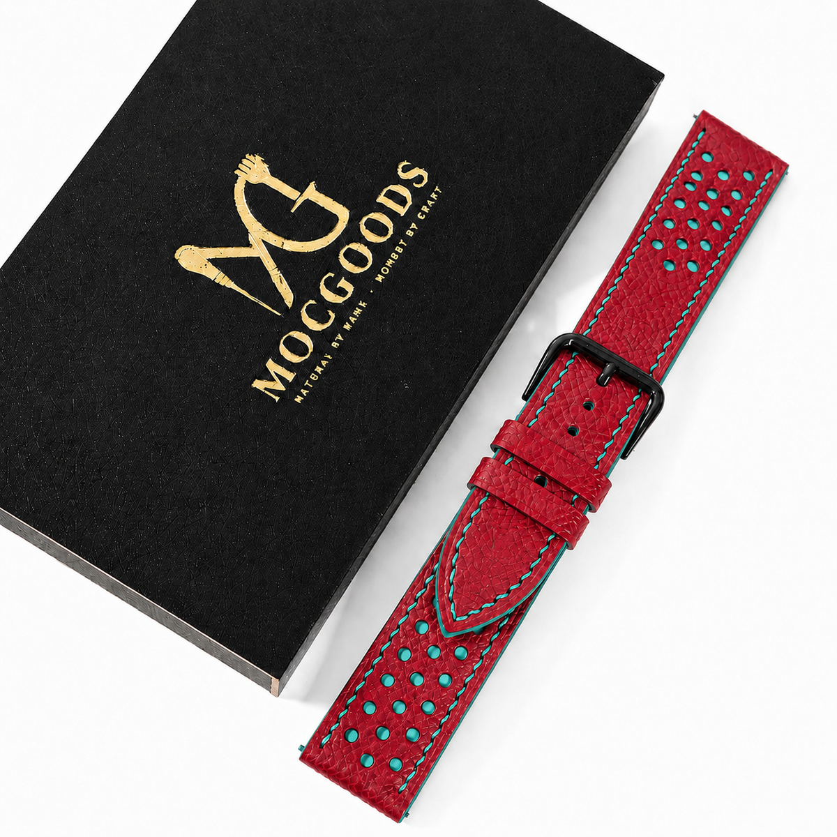 Red and Turquoise Racing Small Holes Rally Epsom Leather Watch Strap