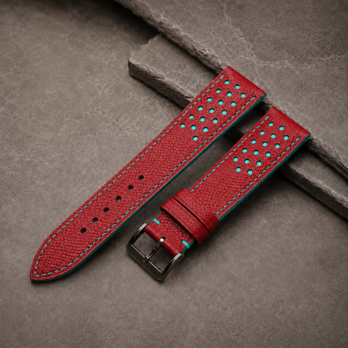 Red and Turquoise Racing Small Holes Rally Epsom Leather Watch Strap