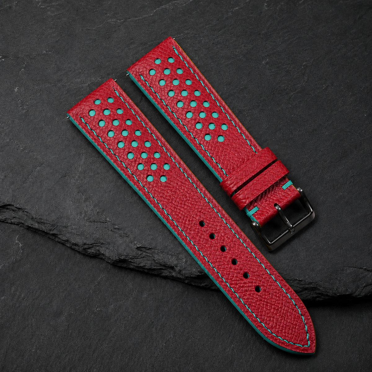 Red and Turquoise Racing Small Holes Rally Epsom Leather Watch Strap