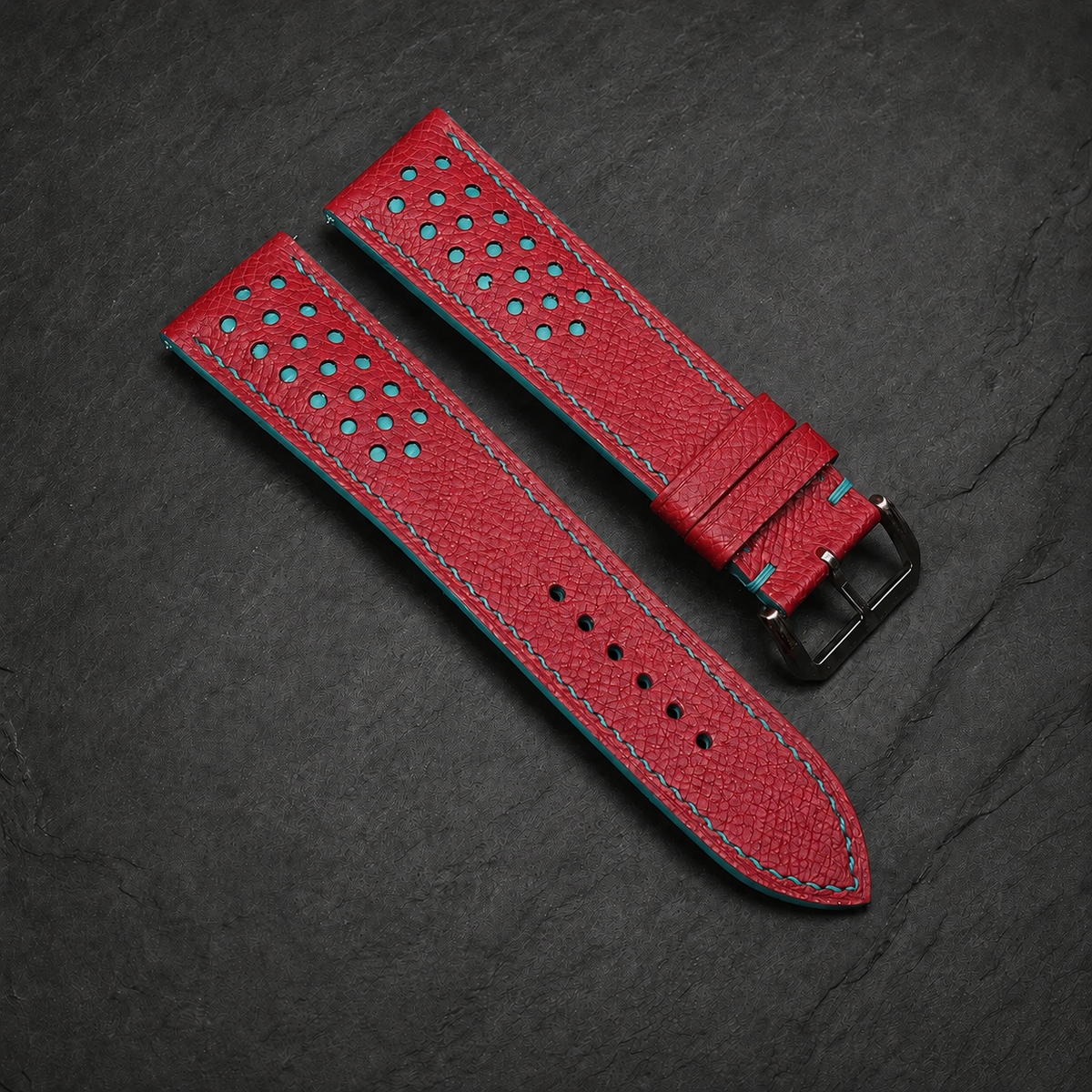 Red and Turquoise Racing Small Holes Rally Epsom Leather Watch Strap