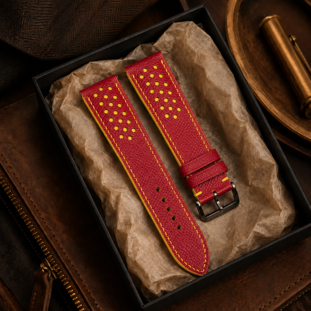 Red and Yellow Racing Small Holes Rally Epsom Leather Watch Strap