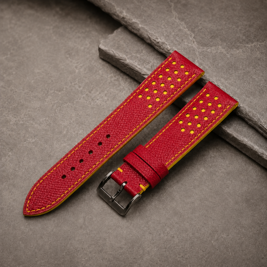 Red and Yellow Racing Small Holes Rally Epsom Leather Watch Strap