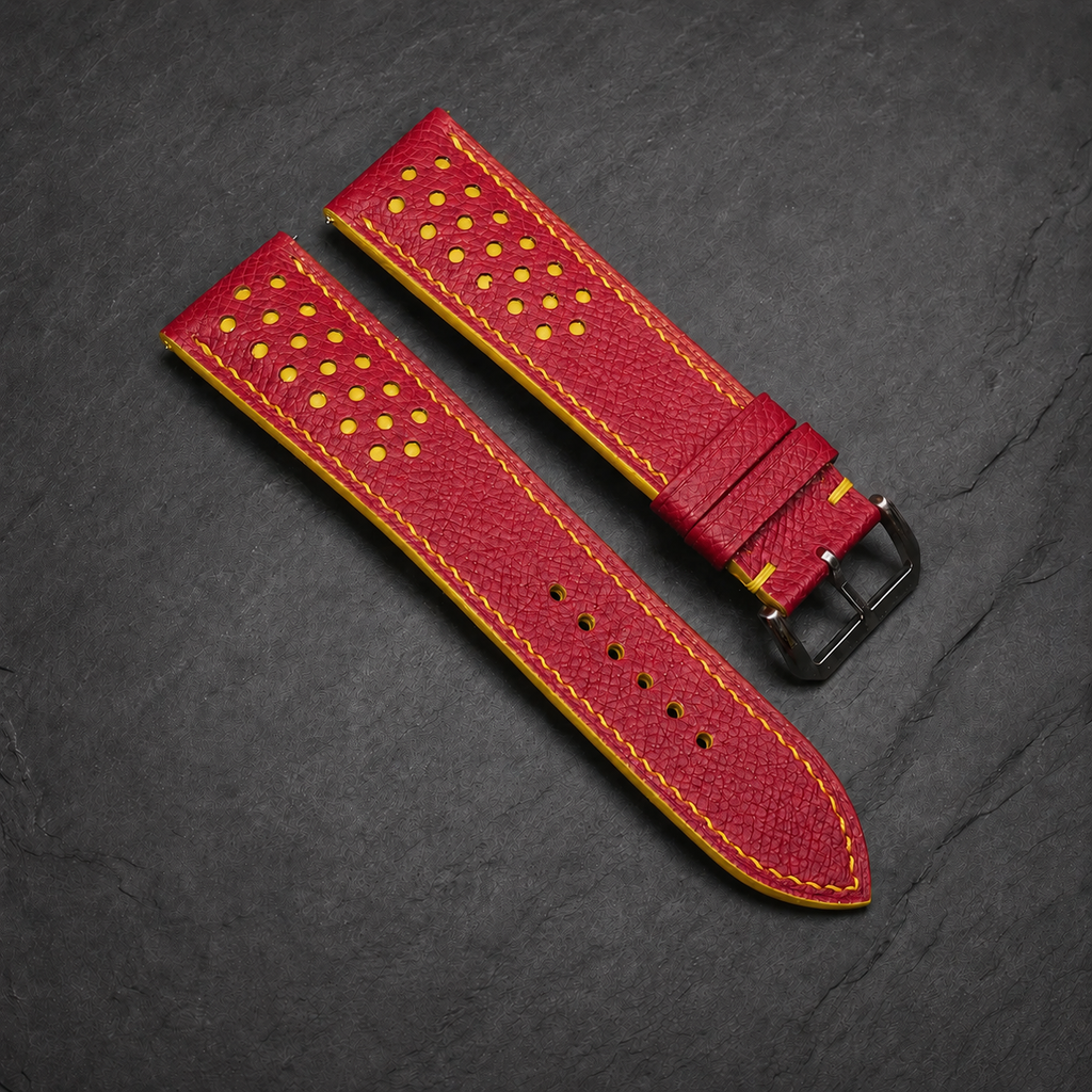 Red and Yellow Racing Small Holes Rally Epsom Leather Watch Strap