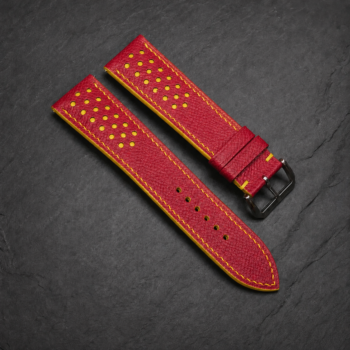 Red and Yellow Racing Small Holes Rally Epsom Leather Watch Strap