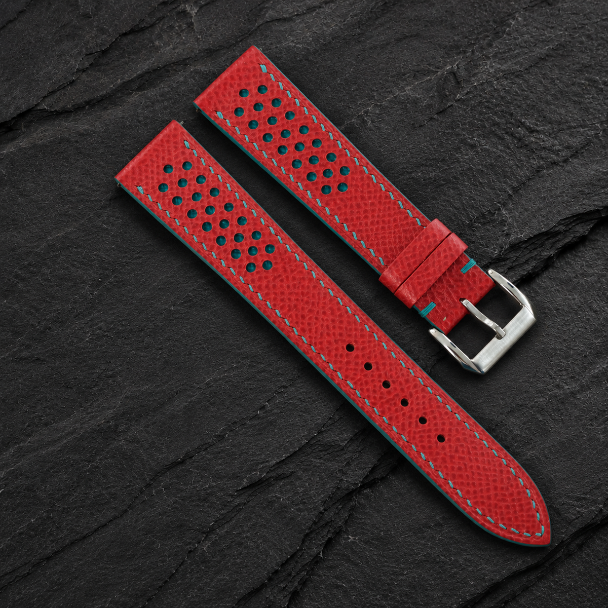 Flat Red and Turquoise Racing Small Holes Rally Epsom Leather Watch Strap