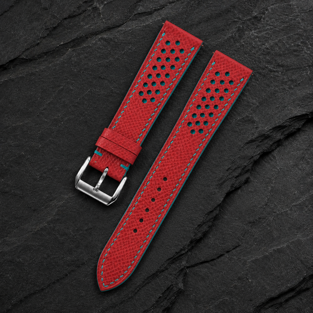 Flat Red and Turquoise Racing Small Holes Rally Epsom Leather Watch Strap