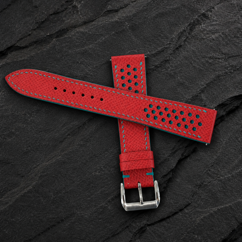 Flat Red and Turquoise Racing Small Holes Rally Epsom Leather Watch Strap