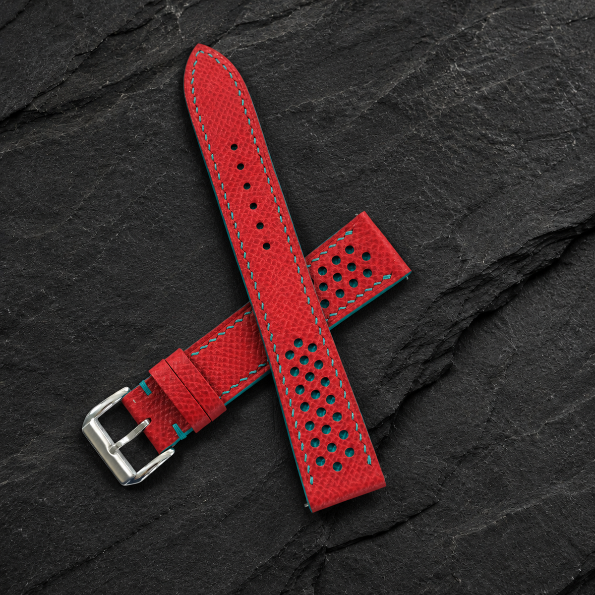 Flat Red and Turquoise Racing Small Holes Rally Epsom Leather Watch Strap