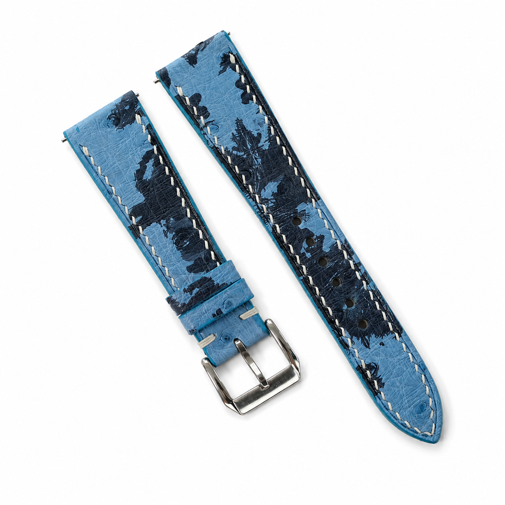 Sky Blue Navy Camo Ostrich Leather Watch Strap