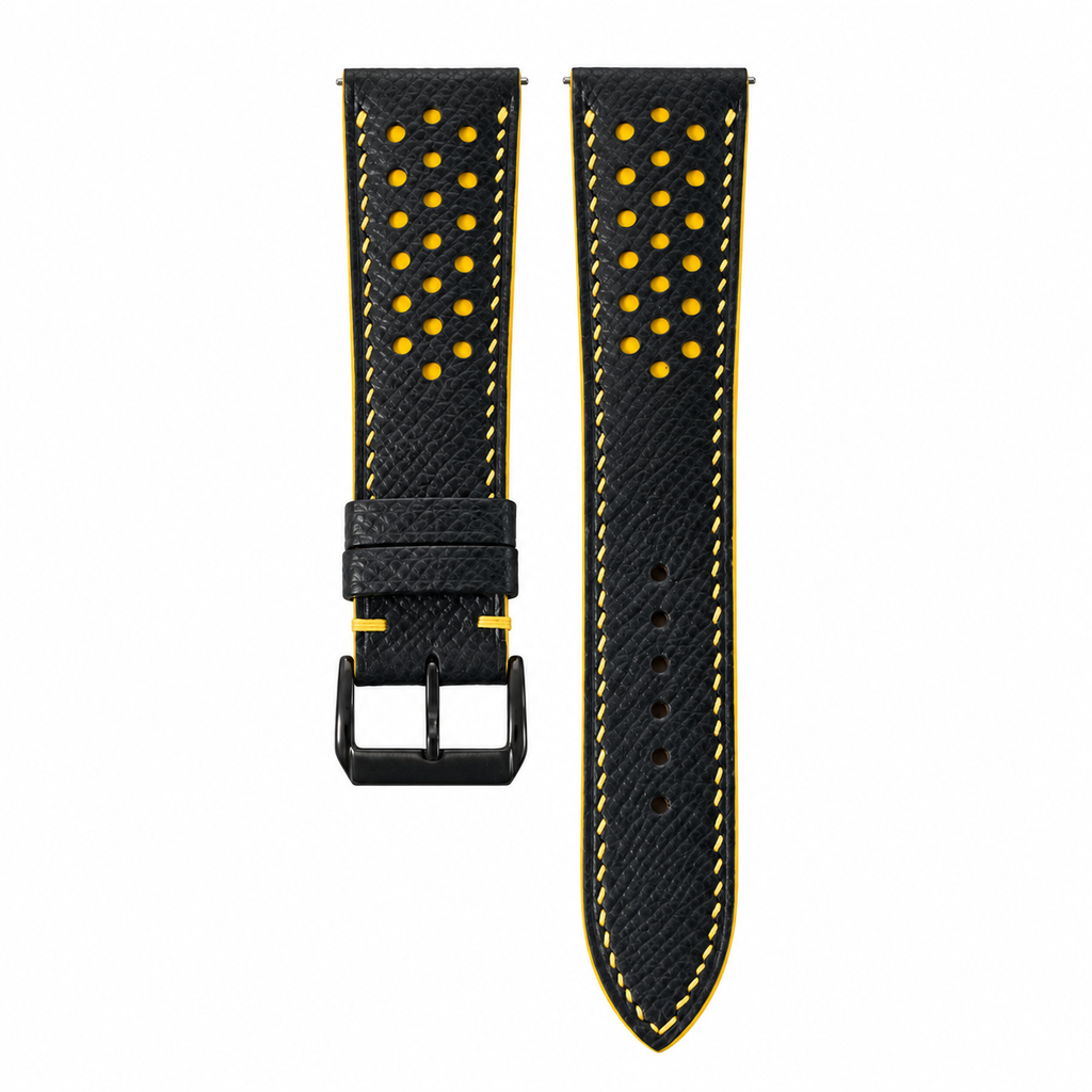Padded Black Yellow Racing Small Holes Epsom Leather Watch Strap