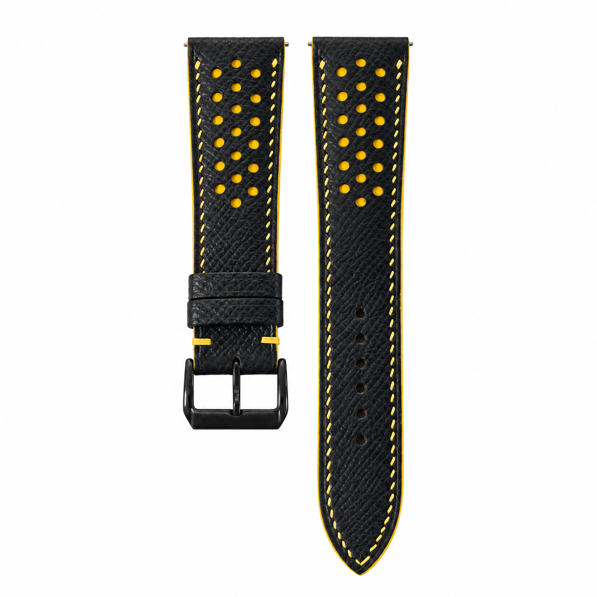 Padded Black Yellow Racing Small Holes Epsom Leather Watch Strap