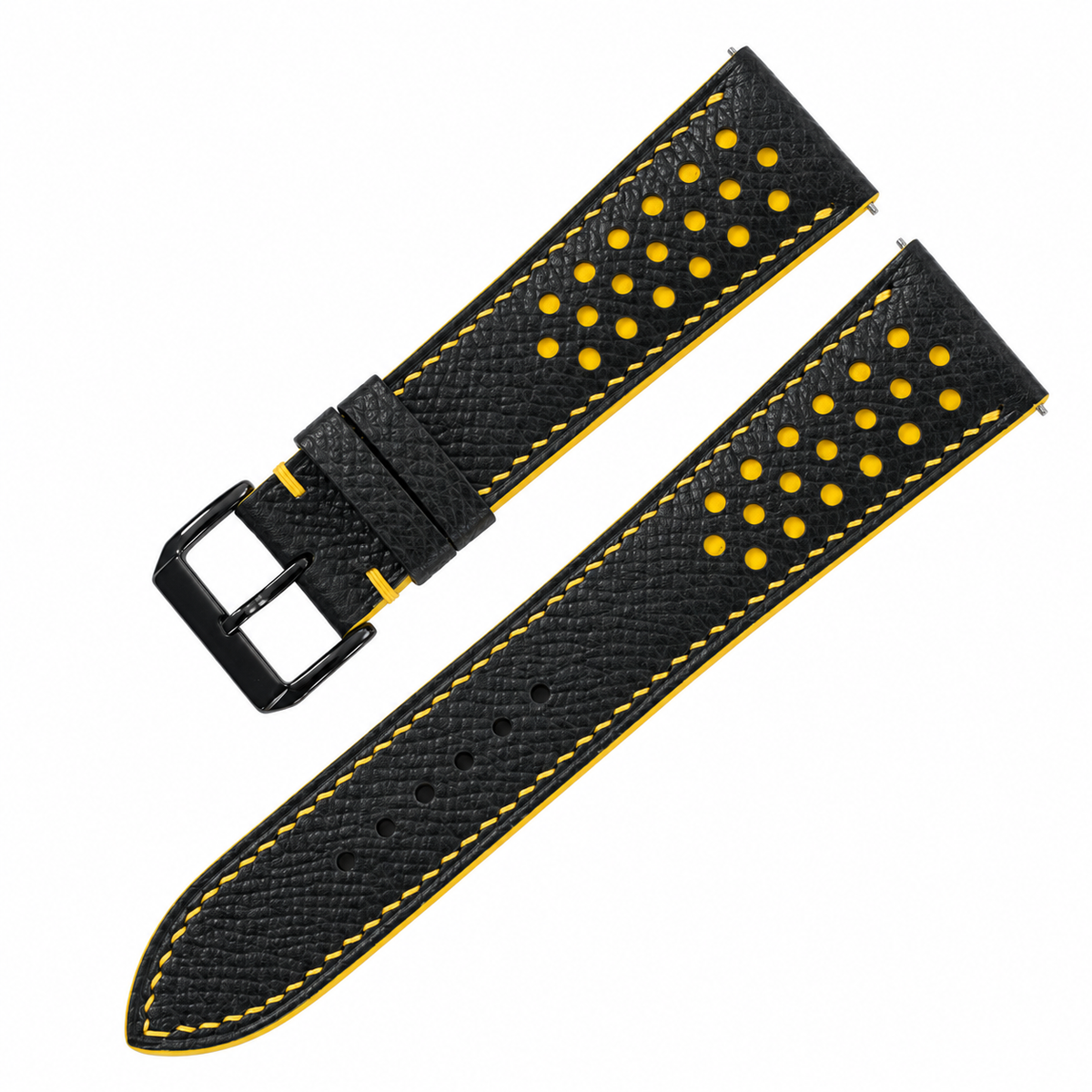 Padded Black Yellow Racing Small Holes Epsom Leather Watch Strap