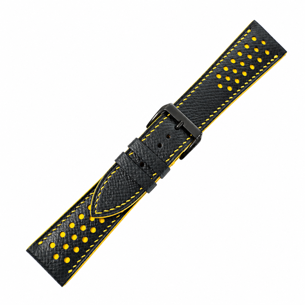 Padded Black Yellow Racing Small Holes Epsom Leather Watch Strap