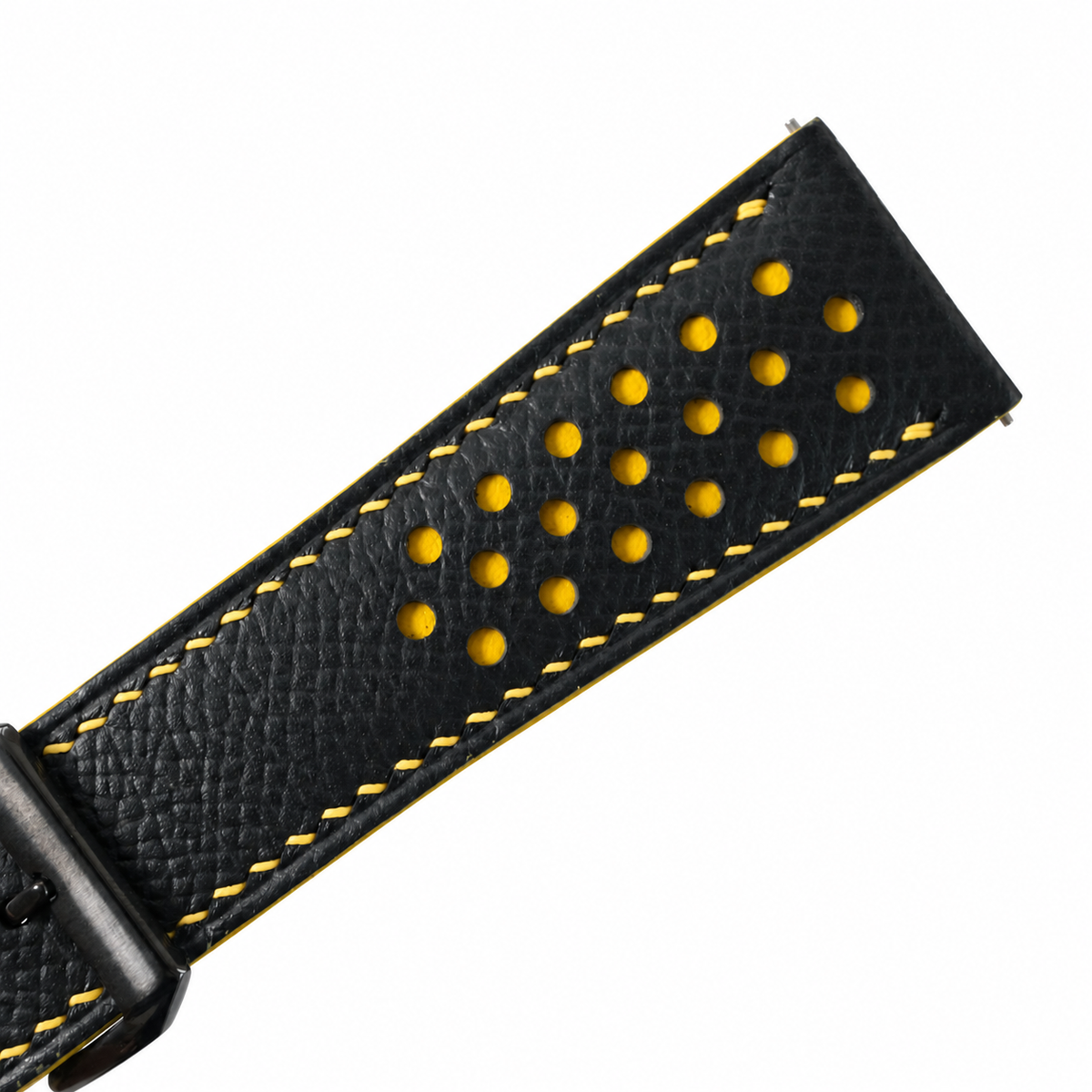 Padded Black Yellow Racing Small Holes Epsom Leather Watch Strap