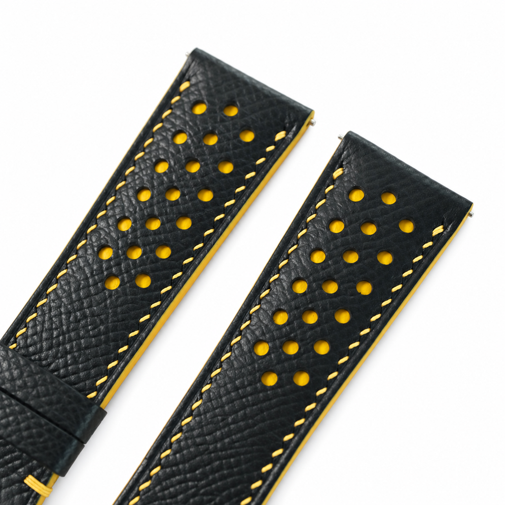 Padded Black Yellow Racing Small Holes Epsom Leather Watch Strap