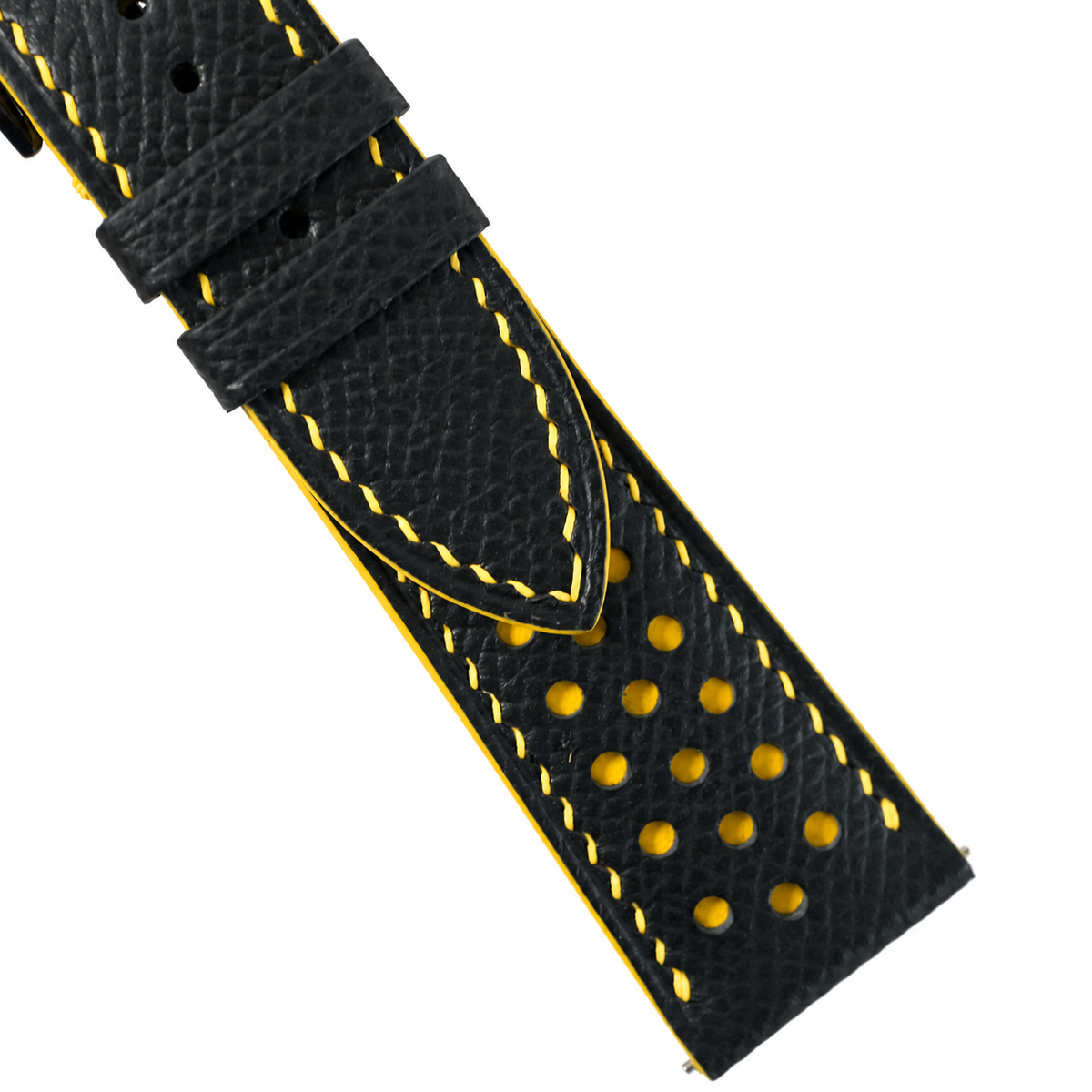 Padded Black Yellow Racing Small Holes Epsom Leather Watch Strap