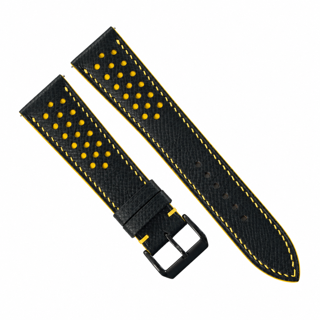 Padded Black Yellow Racing Small Holes Epsom Leather Watch Strap