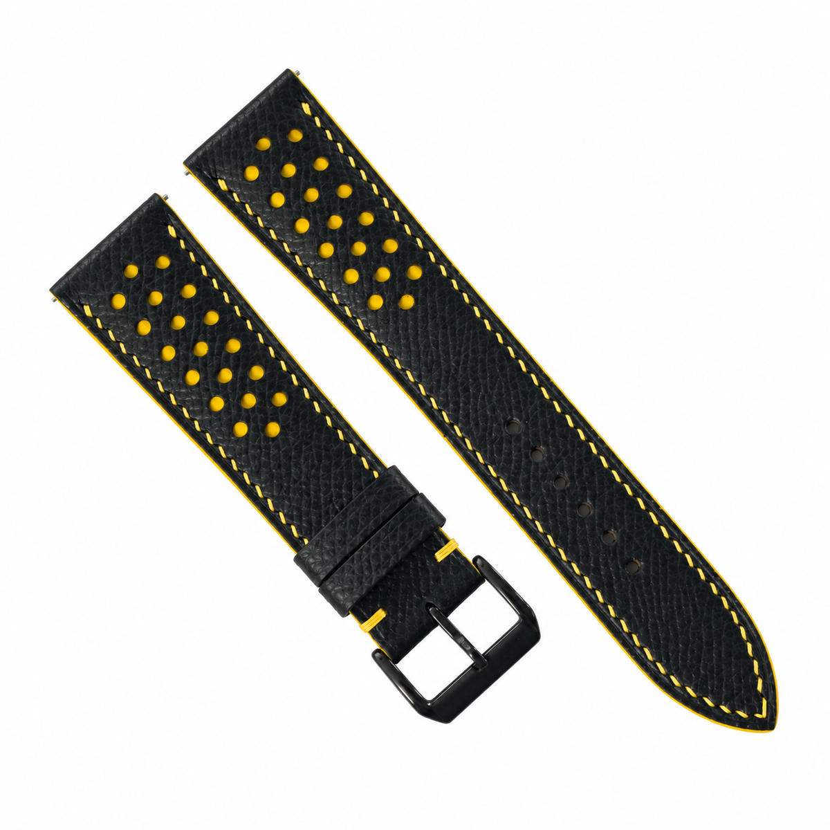 Padded Black Yellow Racing Small Holes Epsom Leather Watch Strap