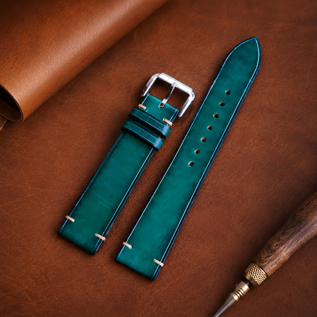 Teal Green Patina Vegetable Tanned Leather Watch Strap