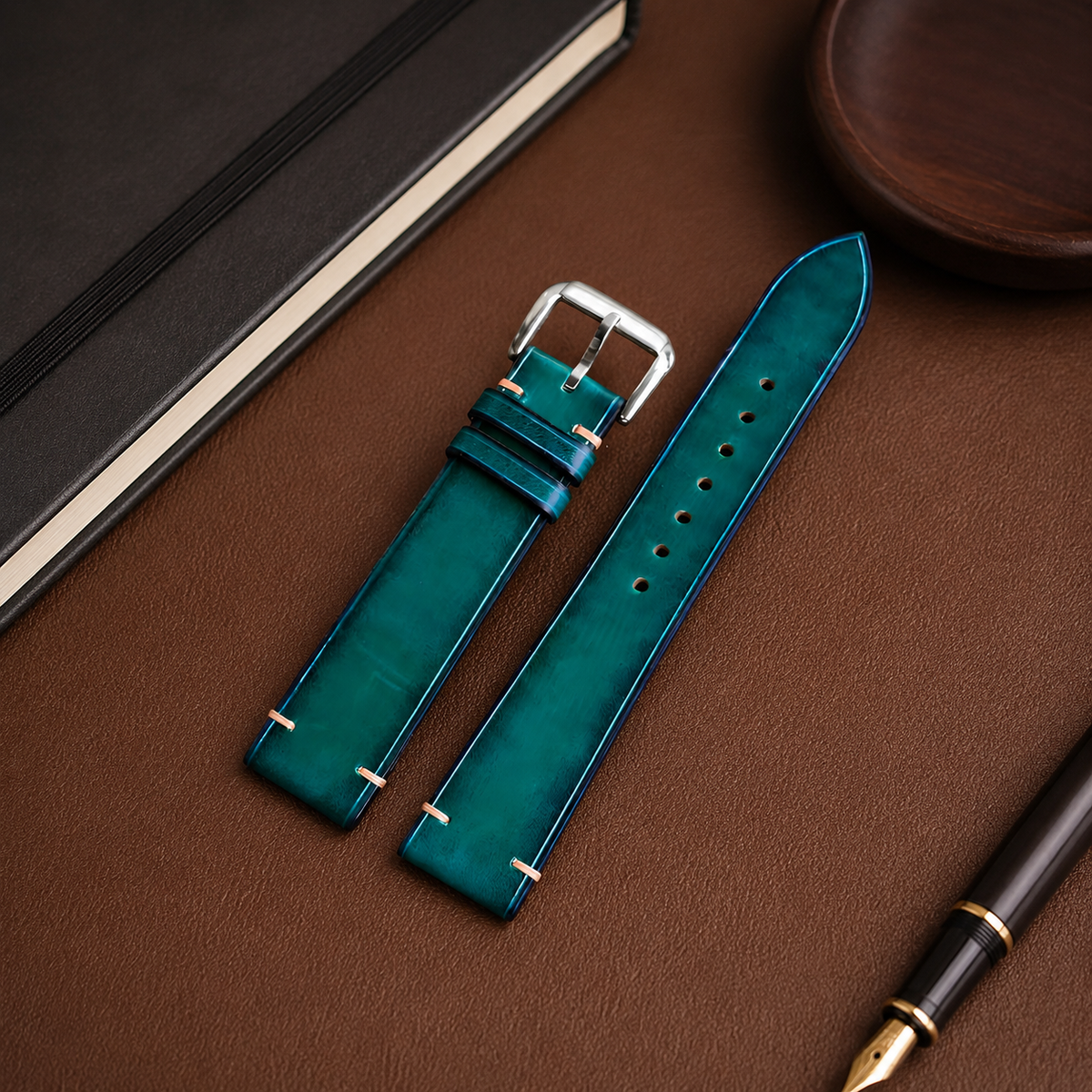 Teal Green Patina Vegetable Tanned Leather Watch Strap