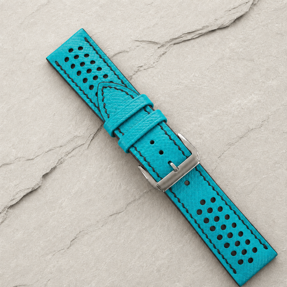 Turquoise and Black Racing Small Holes Rally Epsom Leather Watch Strap